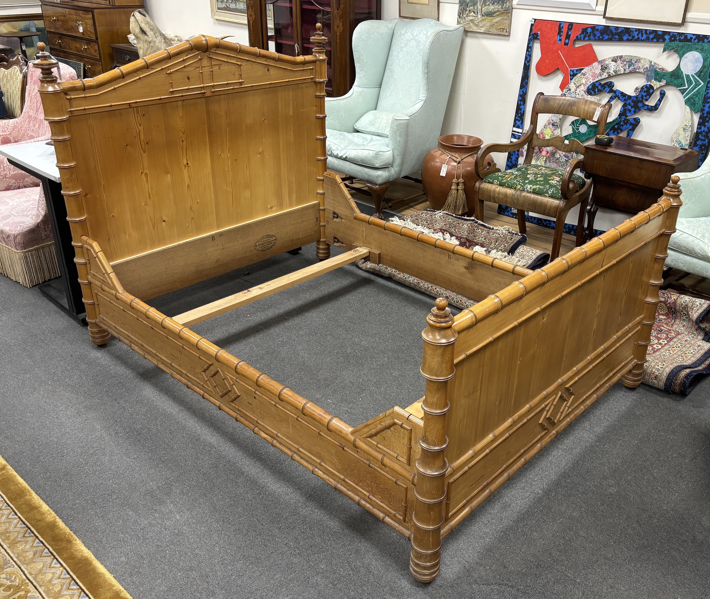 A late 19th century French faux bamboo pine and cherry double bedframe, width 140cm, length 195cm